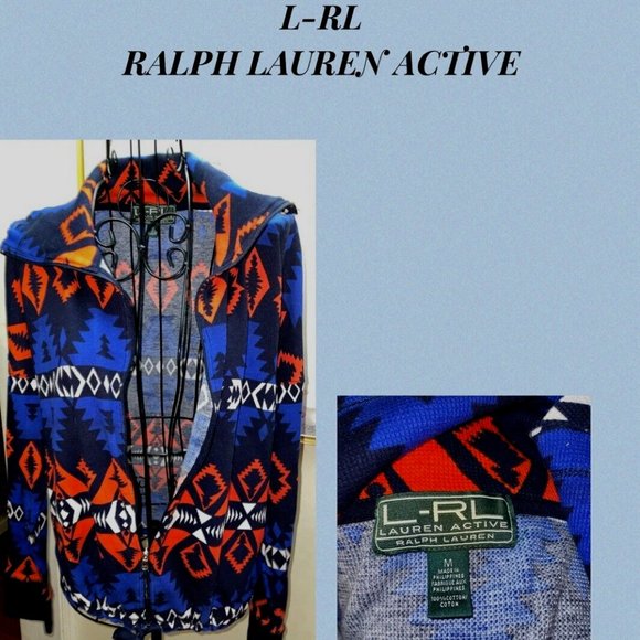 L RL LAUREN ACTIVE FULL ZIP WAFFLE KNIT JACKET-COLORFUL SOUTHWEST PRINT-MEDIUM - Picture 1 of 5